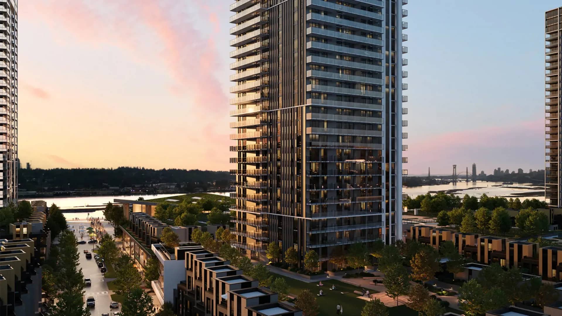 Encore at Fraser Mills aerial exterior with towers and townhomes in Coquitlam
