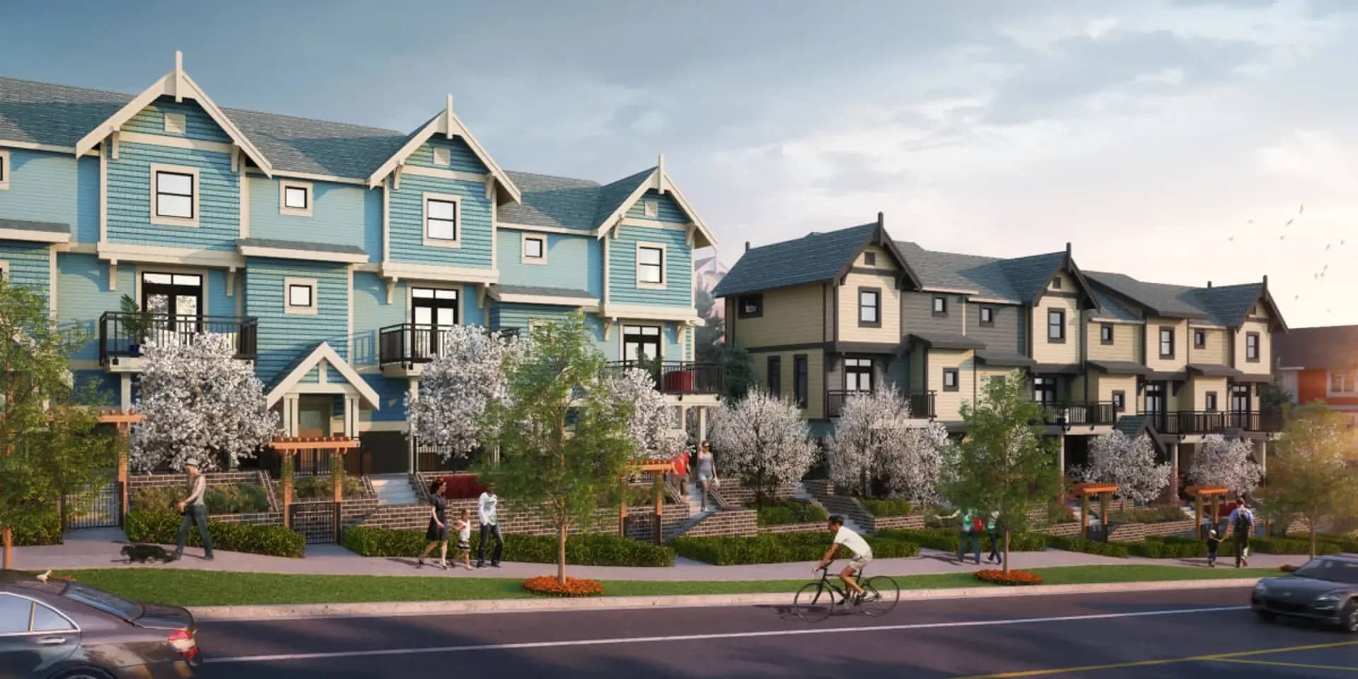 Cascadia townhomes exterior street view in Willoughby Langley