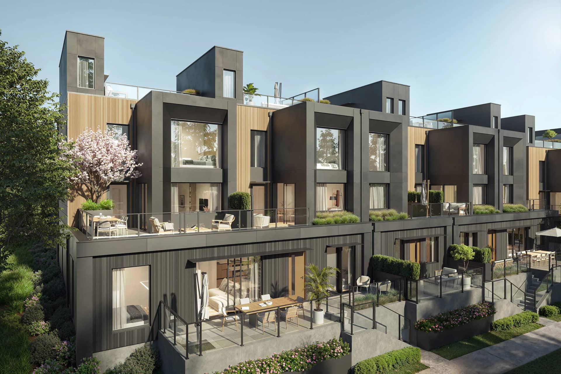 Line House townhomes exterior rendering, Oakridge, Vancouver