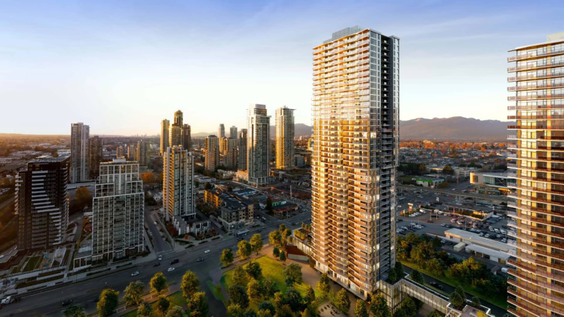 South Yards One two towers exterior render in Brentwood Burnaby
